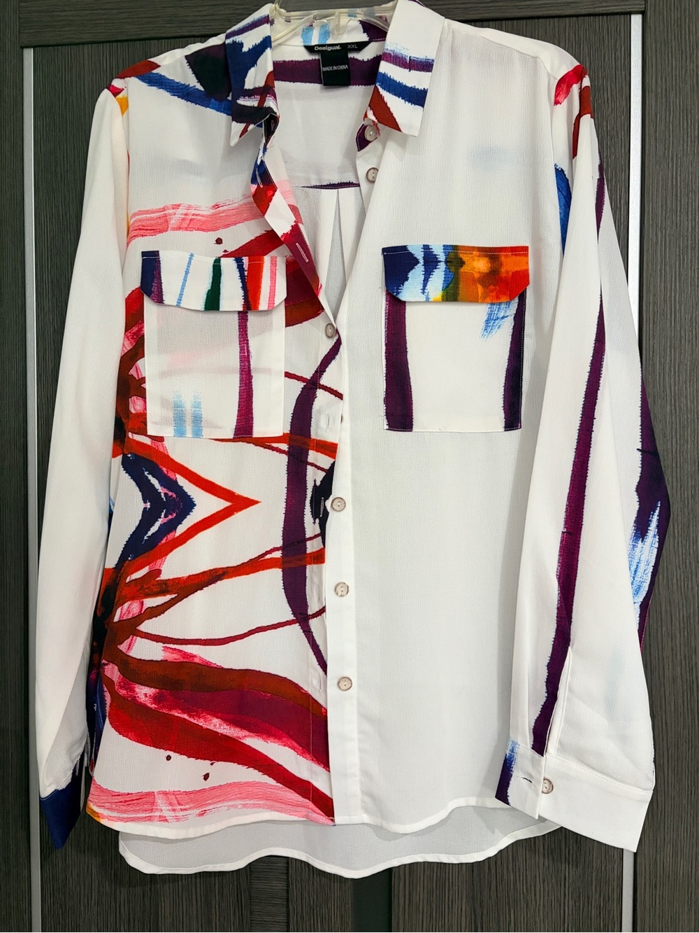 Desigual White Button-Down Shirt with Multicolor Abstract Brushstrokes
